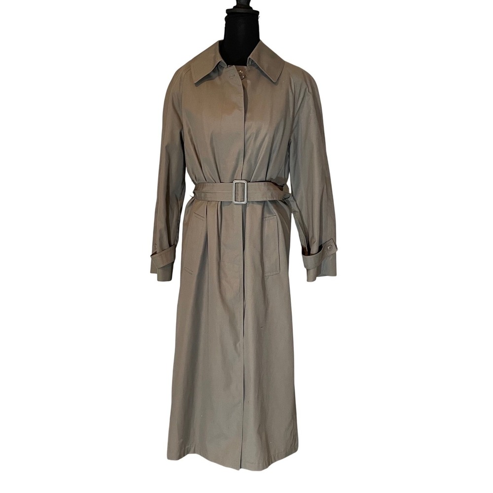 Herman Kay‎ Women's Taupe Trench Coat Belted Plaid Removable Liner Size 10 Retro